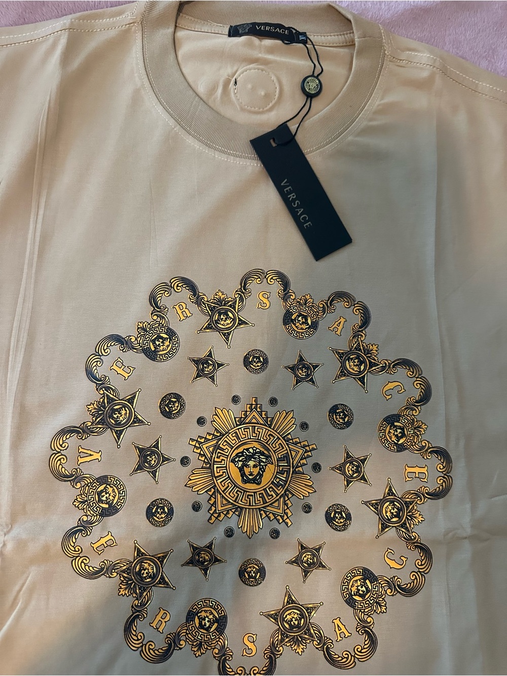 Versace Cream Short-Sleeve Tee with Gold Medallion Graphic